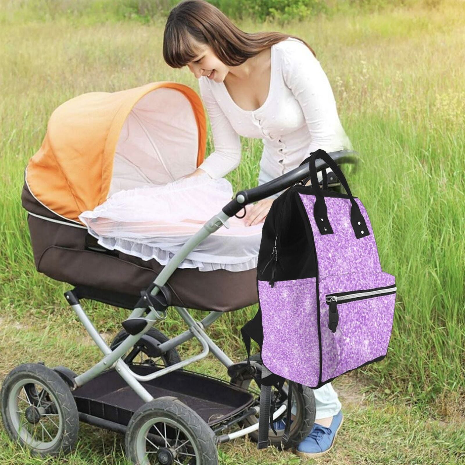 Ratiio Lilac Glittering Mummy Backpack - Waterproof Twill Canvas, Large Capacity Diaper Bag with Multiple Pockets and Adjustable Straps