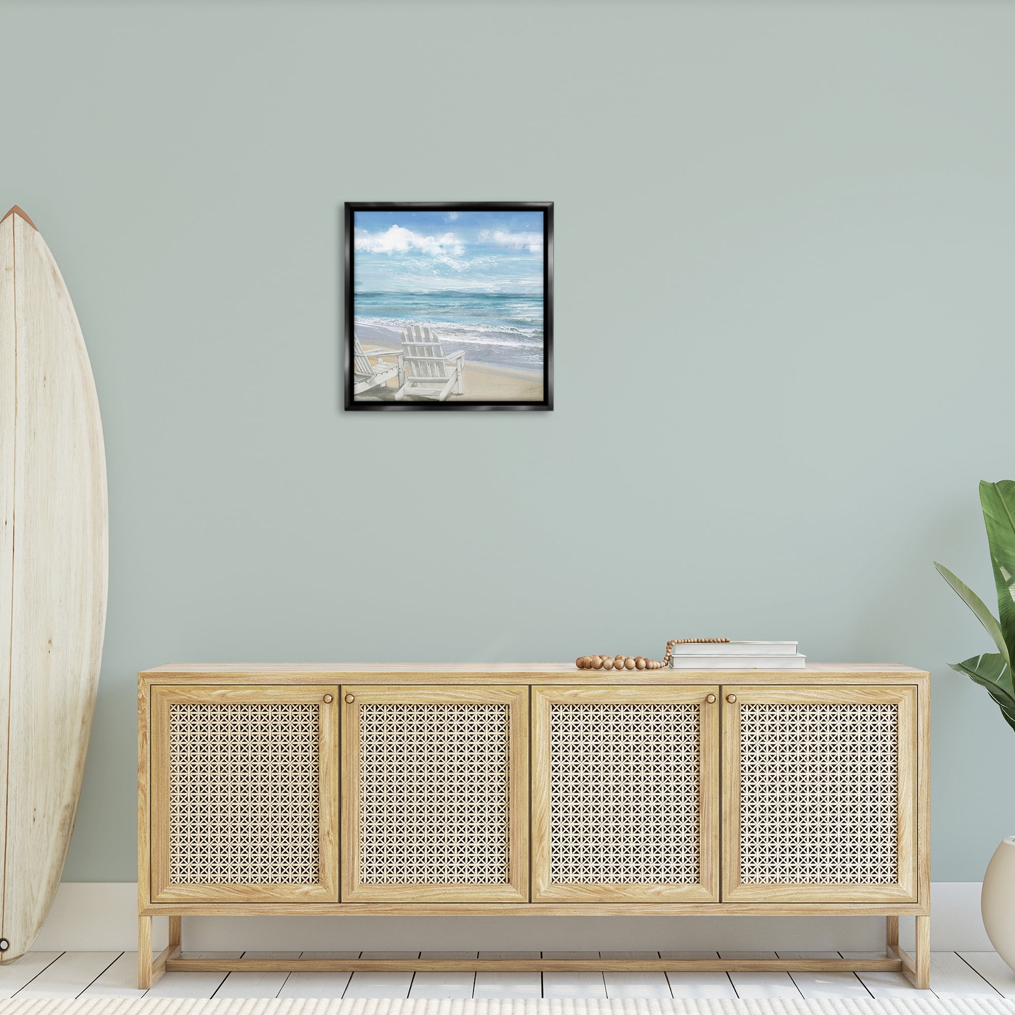 Stupell Industries White Adirondack Chairs on Beach Landscape Painting Black Floater Framed Canvas Art Print Wall Art, 25 x 25