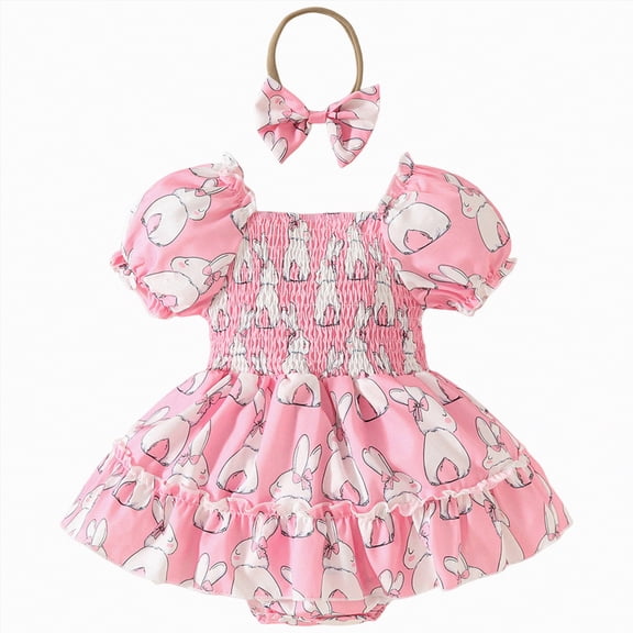 CAICJ98 Baby Girl Easter Outfit Short Sleeve Square Neck Smocked Bunny Bubble Romper Dress with Headband Infant Newborn Girls Clothes Spring Summer (Pink,3-6 Months)