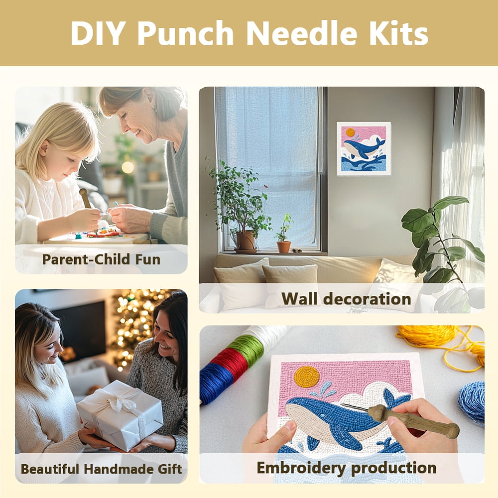 Polyester Cotton Punch Needle 4Folded Yarns Embroidery Kits Included Threader Cotton Thread Punch Needle Thread Clips 3.5MM Wooden Needle Whale