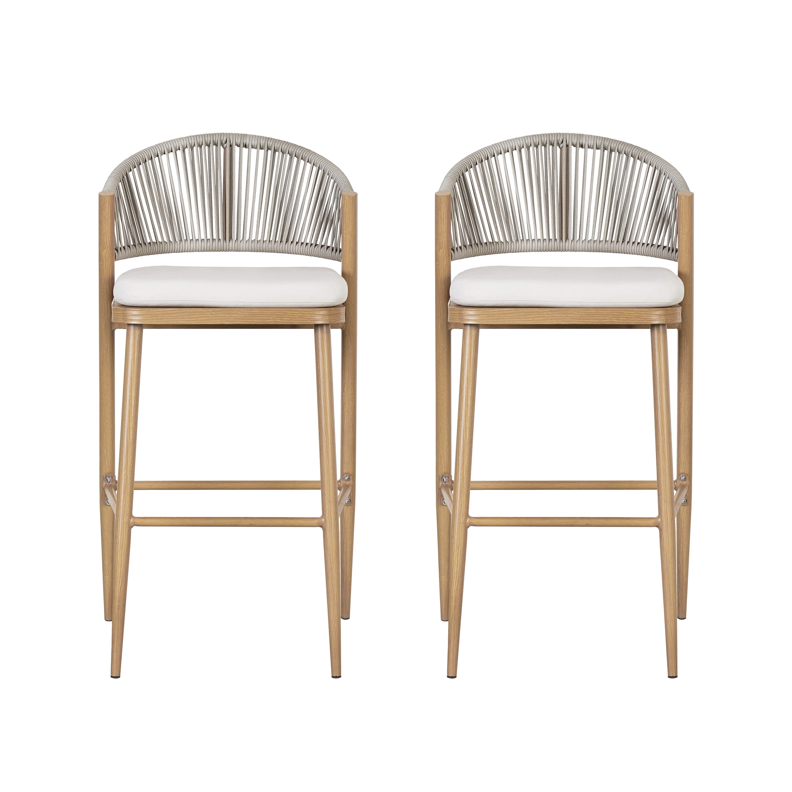 Barstools Set of 2, Outdoor 30.25 Inch Seat Height Aluminum Frame Stools with PE Rattan Scallop-Shaped Backrest, Maple Finish