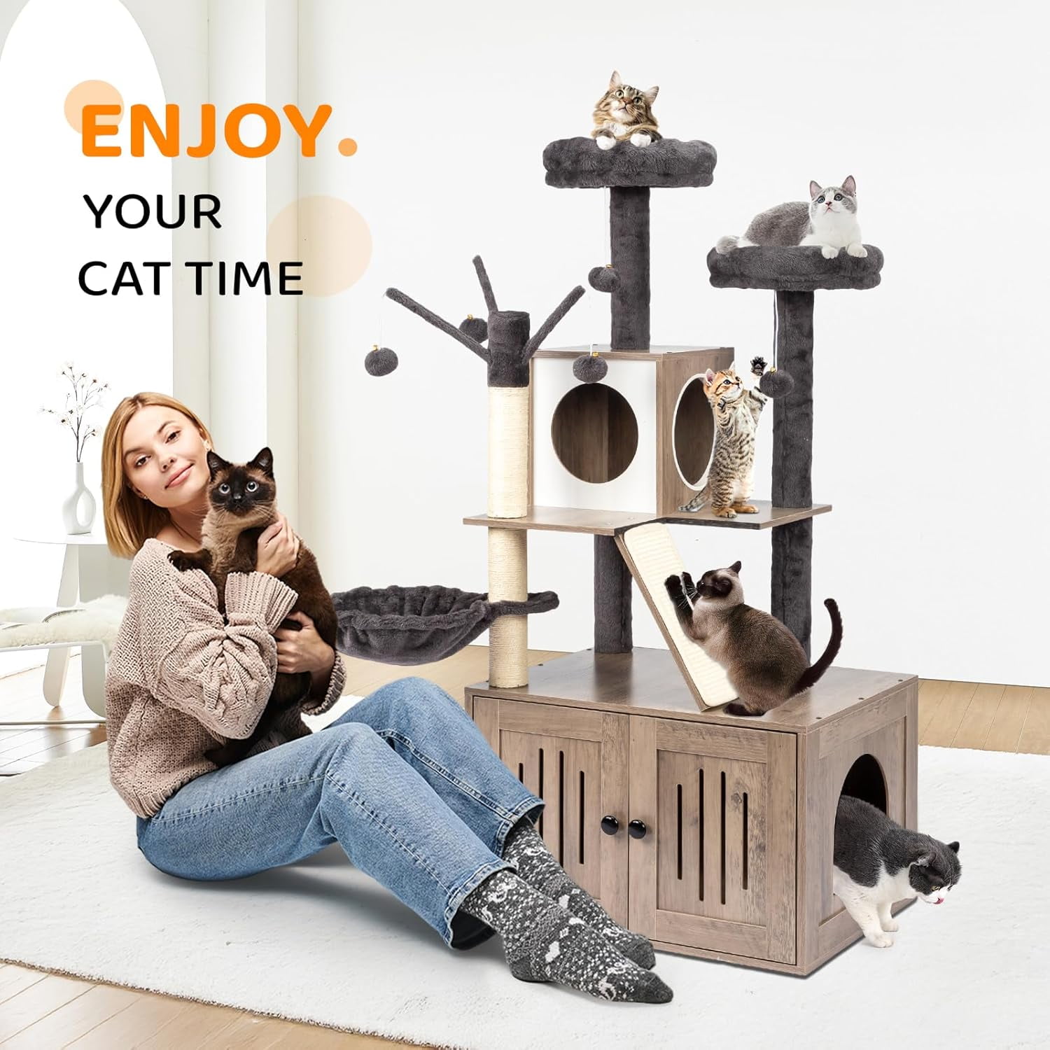 VINGLI Cat Tree Tower with Litter Box, Houses for Indoor Kittens, 53" All-in-1 Wooden Cats Condo, Cat Tower wih Scratching Posts, Hidden Cat Washroom Furniture, Gray