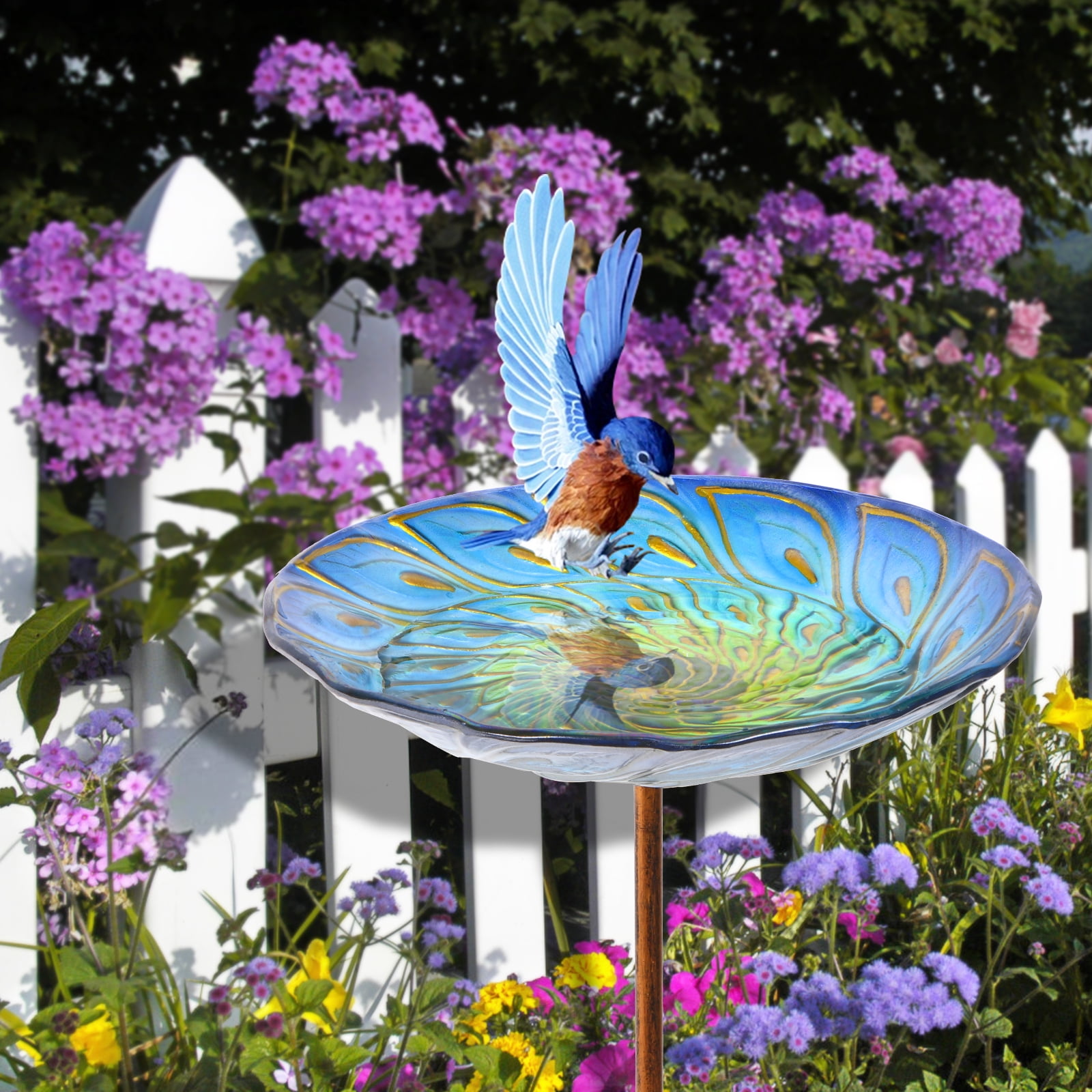 Outdoor Bird Bath Glass Birdbath Garden Birdfeeder with Metal Stake Decoration 