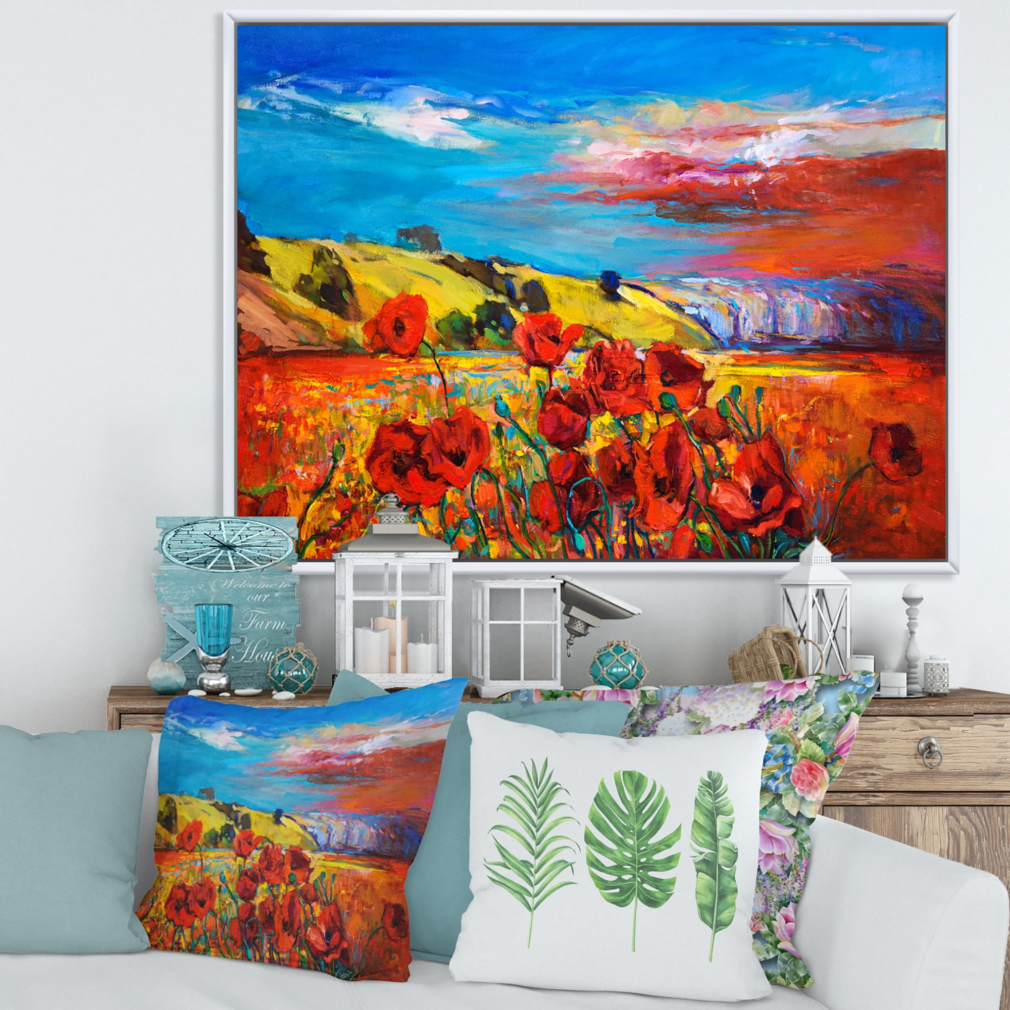 Blossomg Red Poppies Under A Blue Sky 20 in x 12 in Framed Painting Canvas Art Print, by Designart