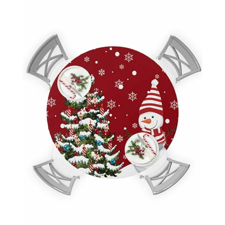 

Round Tablecloth with Elastic Merry Christmas Snowman Xmas Tree Red Decor Waterproof Stain-proof Table Cover Wipeable Fitted Table Cloths for 36 -44 Round Tables Dining Kitchen Indoor Outdoor Use