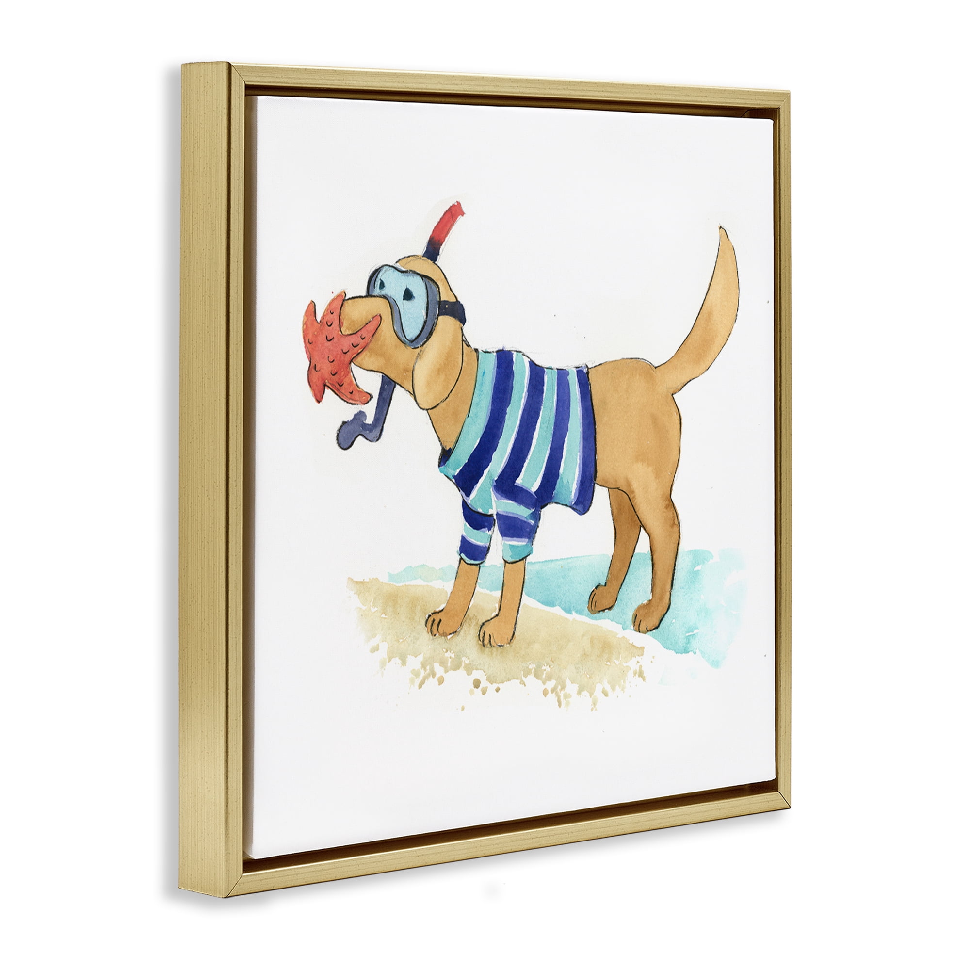 Stupell Industries Sandy Dog with Snorkel Animals Painting Gold Floater Framed Canvas Art Print Wall Art, 18 x 18