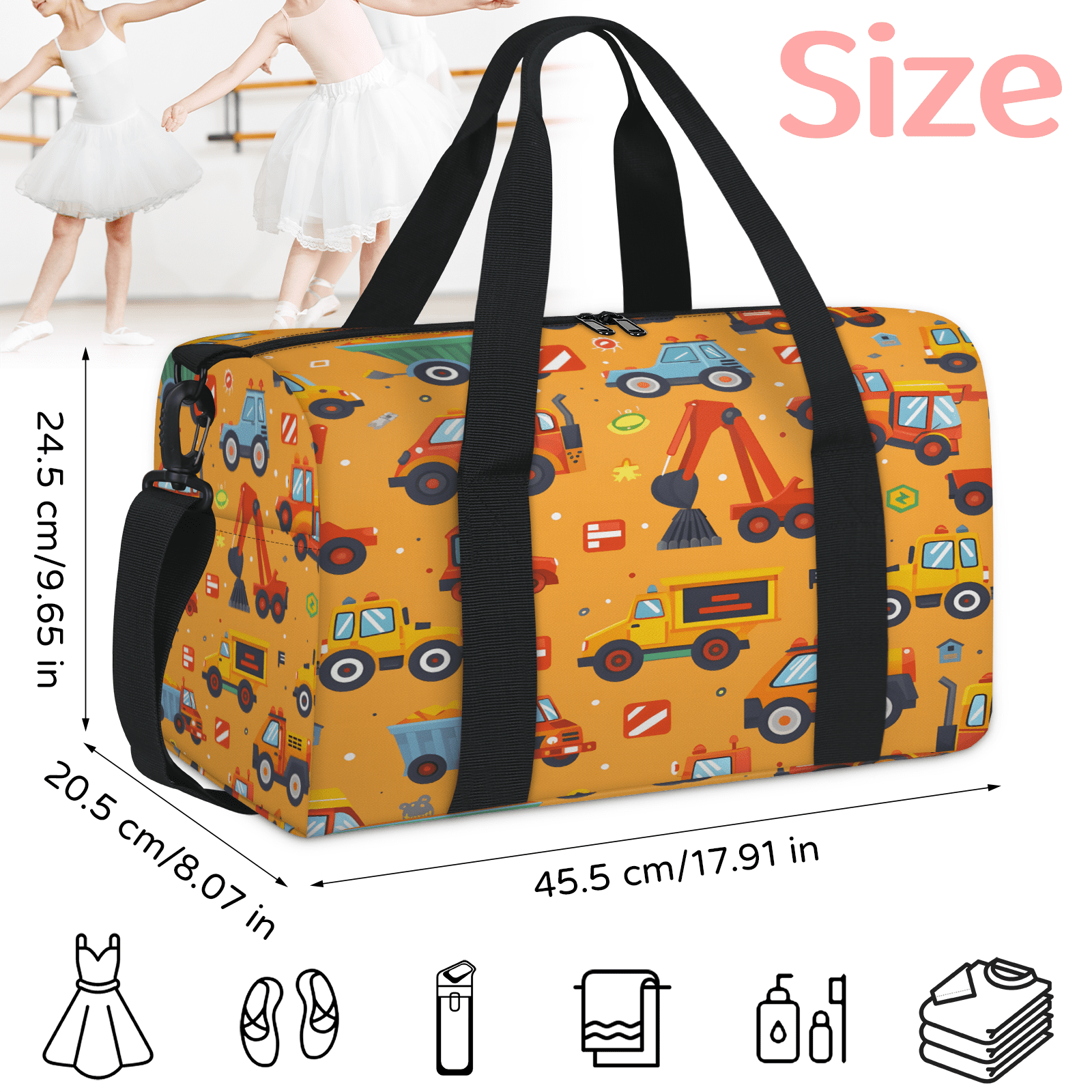 Herdesigns Transportation Gym Bag for Women, Duffle Bag for Travel Sport, Cartoon Truck Tractor Lightweight Waterproof Carry on Weekender Dance Yoga Workout Bags