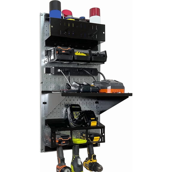 Wall Control Power Tool Storage Organizer Kit Cordless Drill Holder Charging Station Rack 16” x 32” Metal Pegboard Organization System (Metallic Pegboard)