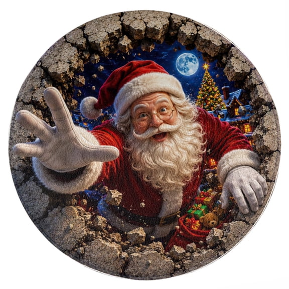 3D Round Christmas Rug, Optical Illusion Santa Christmas-Area Rug Non‑Slip Christmas Carpet Mat for Livin-Room Kitchen Bathroom Home Xmas Decor 31.5Inch Diameter