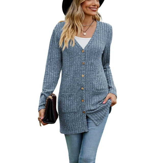 Diconna Women Fashion V-Neck Cardigan Solid Color Rib Long Sleeve Sweater Button-Down Fall Casual Soft Knit Coat
