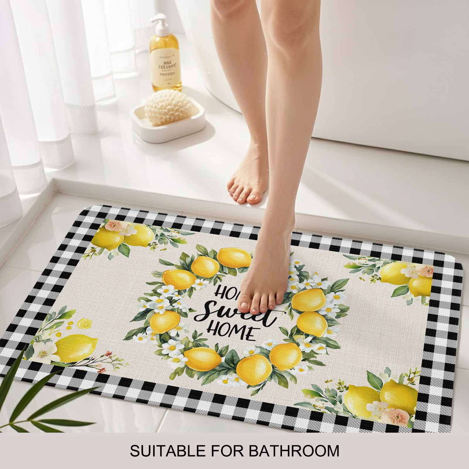 Summer Lemon Doormat Outdoor Entrance 20"x31.5", Farmhouse Black Check Plaid Vintage Absorb Moisture Dirt Door Mats, Non-Slip Rubber Backing Floor Mats Indoor, Low-Profile Front Door Rugs