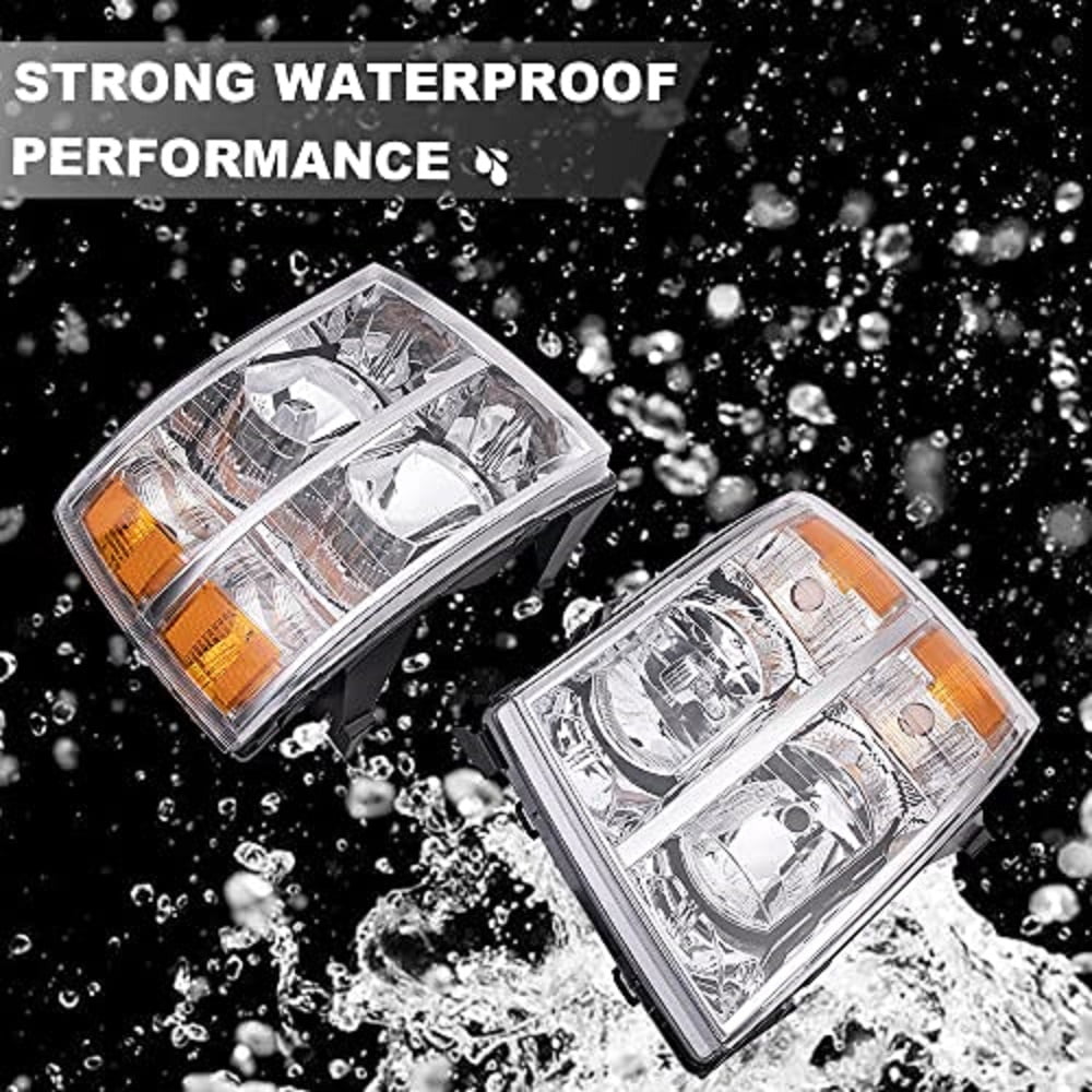 2Pcs Headlights Fit For Chevy Silverado 1500 2007-2013/Silverado 2500 3500 & HD Models 2007-2014 Headlamps Clear Lens Chrome Housing Amber Reflector