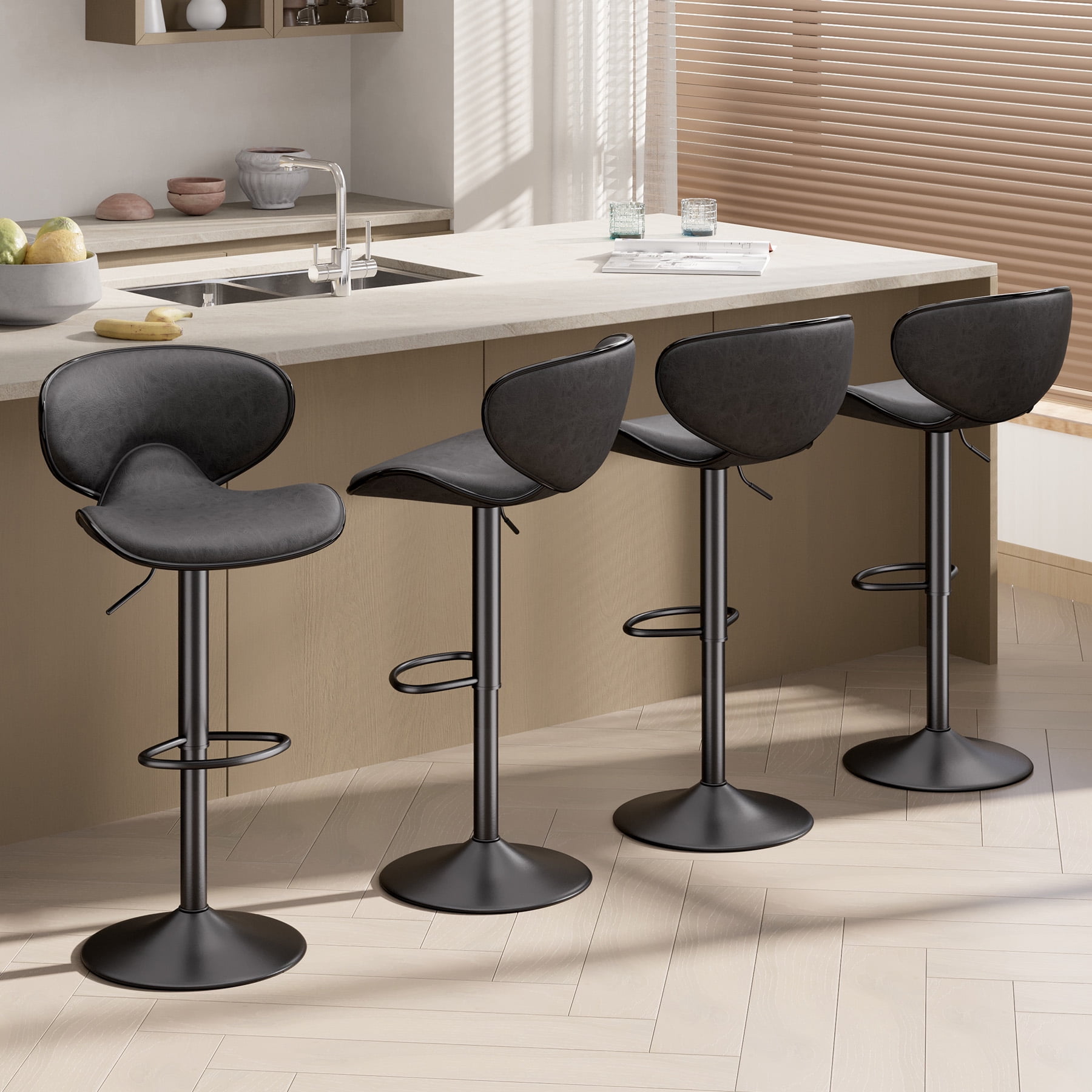 Hawsaiy Adjustable Swivel Bar Stools Set of 2 with Back and Footrest, Faux Leather Counter Height Kitchen Stools, Modern Bar Chairs for Island and Home Bar, Black