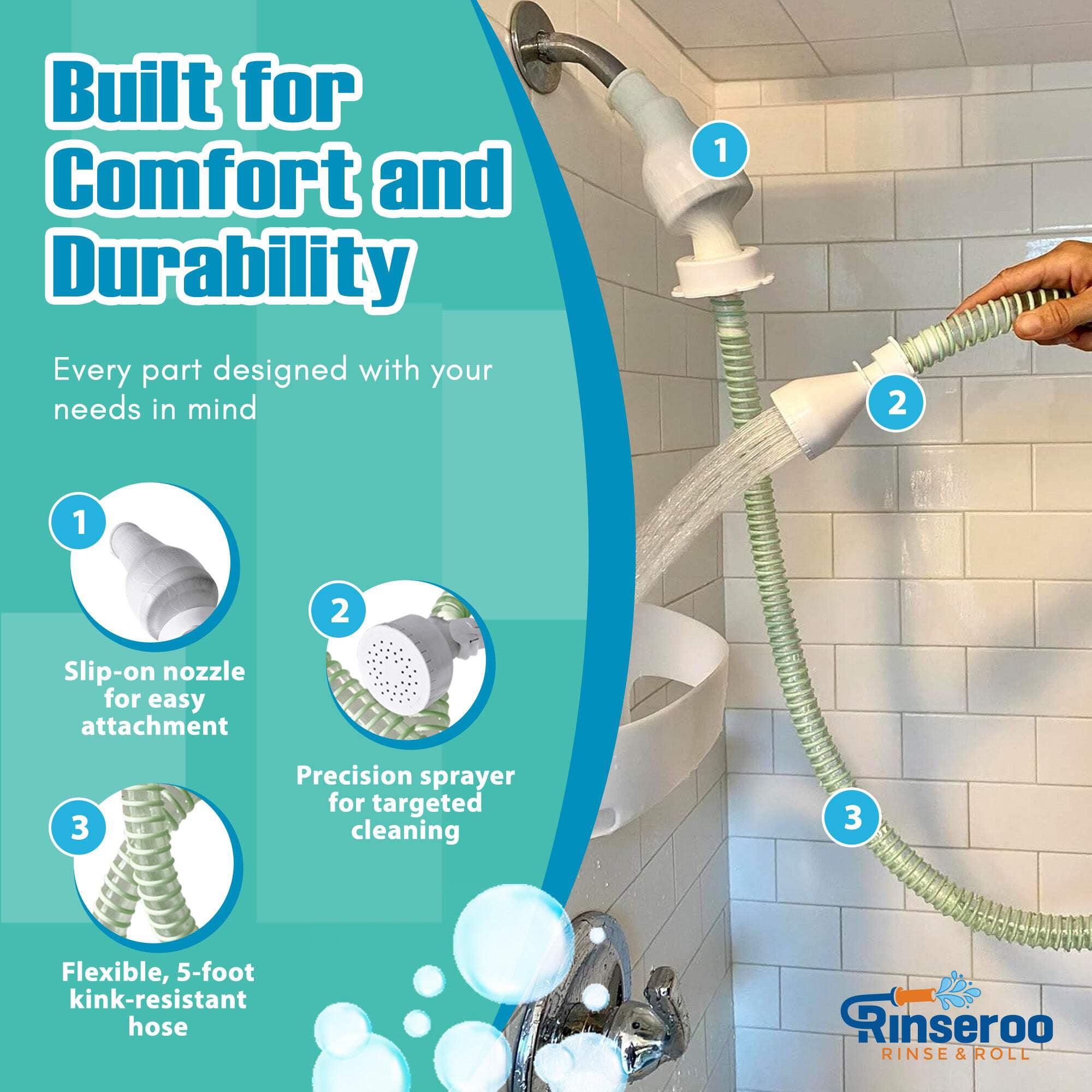 NEW Rinseroo: Slip-On Handheld Shower Attachment Hose w/Spray Head- Removable Extension Arm- Converts Fixed Shower Head into Handheld Bather. Portable, No-Install Shower Hose Wand for Seniors, RV.