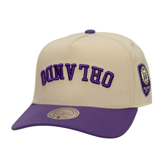 Men's Mitchell & Ness  Cream/Purple Orlando City SC Upside Down Pro Pinch Snapback Hat