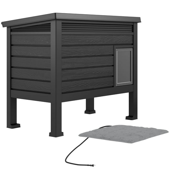 LHBcraft Outdoor Cat House,Weatherproof Insulated Cat Shelter for Outdoor Indoor Cats with Raised Floor,Outside Feral Cat House with Heating Pad for Winter, Secure Escape Doors for Cats, Black