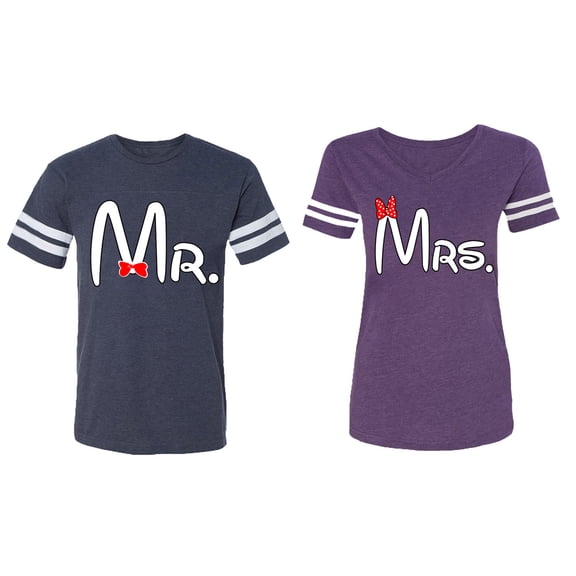 Old Mr Mrs Matching Couple Cotton Jerseys (Men Navy / Women Purple) (Men M / Women L)