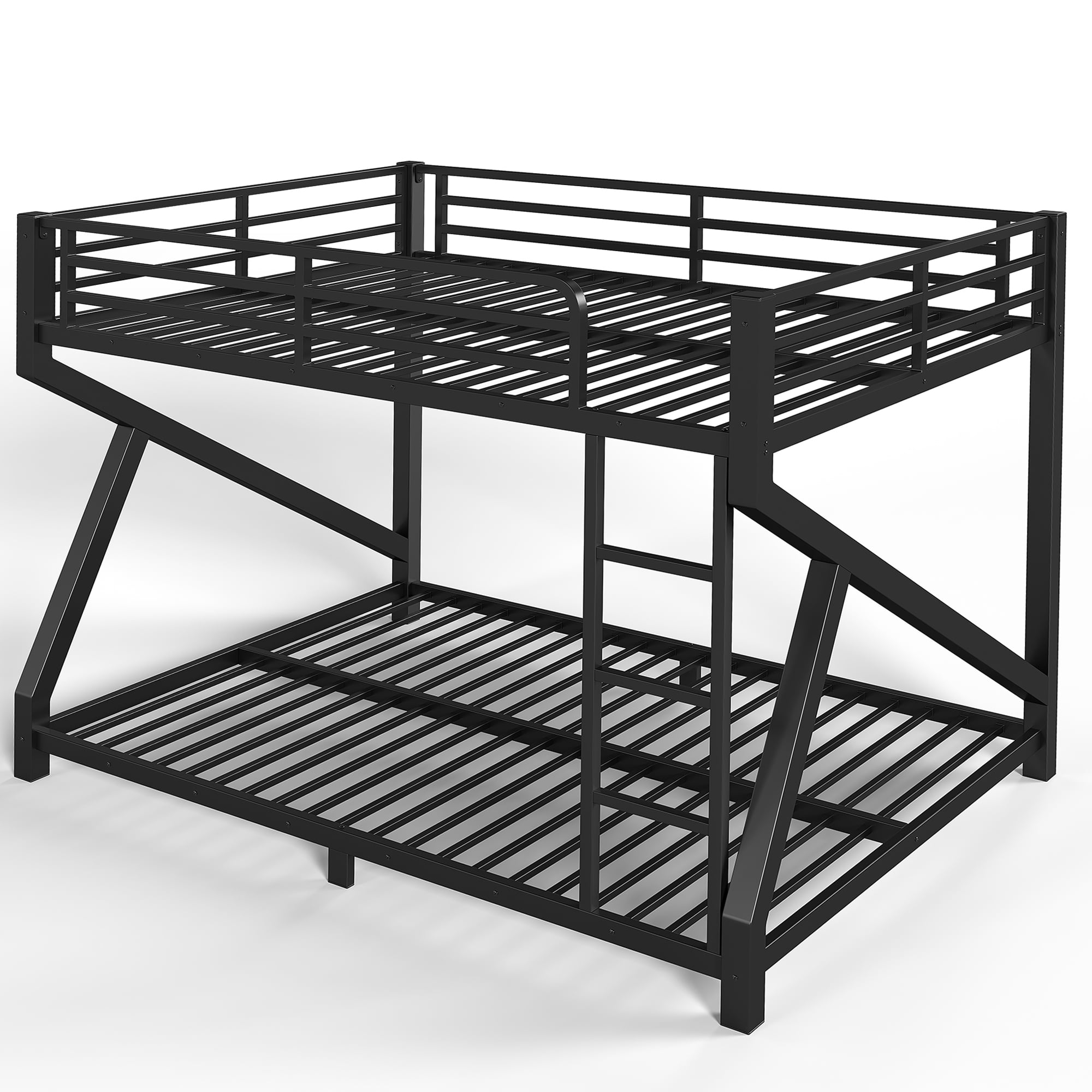 Aukfa Queen over Queen Metal Bunk Bed with Built-In Ladders, Low Profile Heavy Duty Bunk Bed with Reinforced Support Slats, No Box Spring Needed, Black