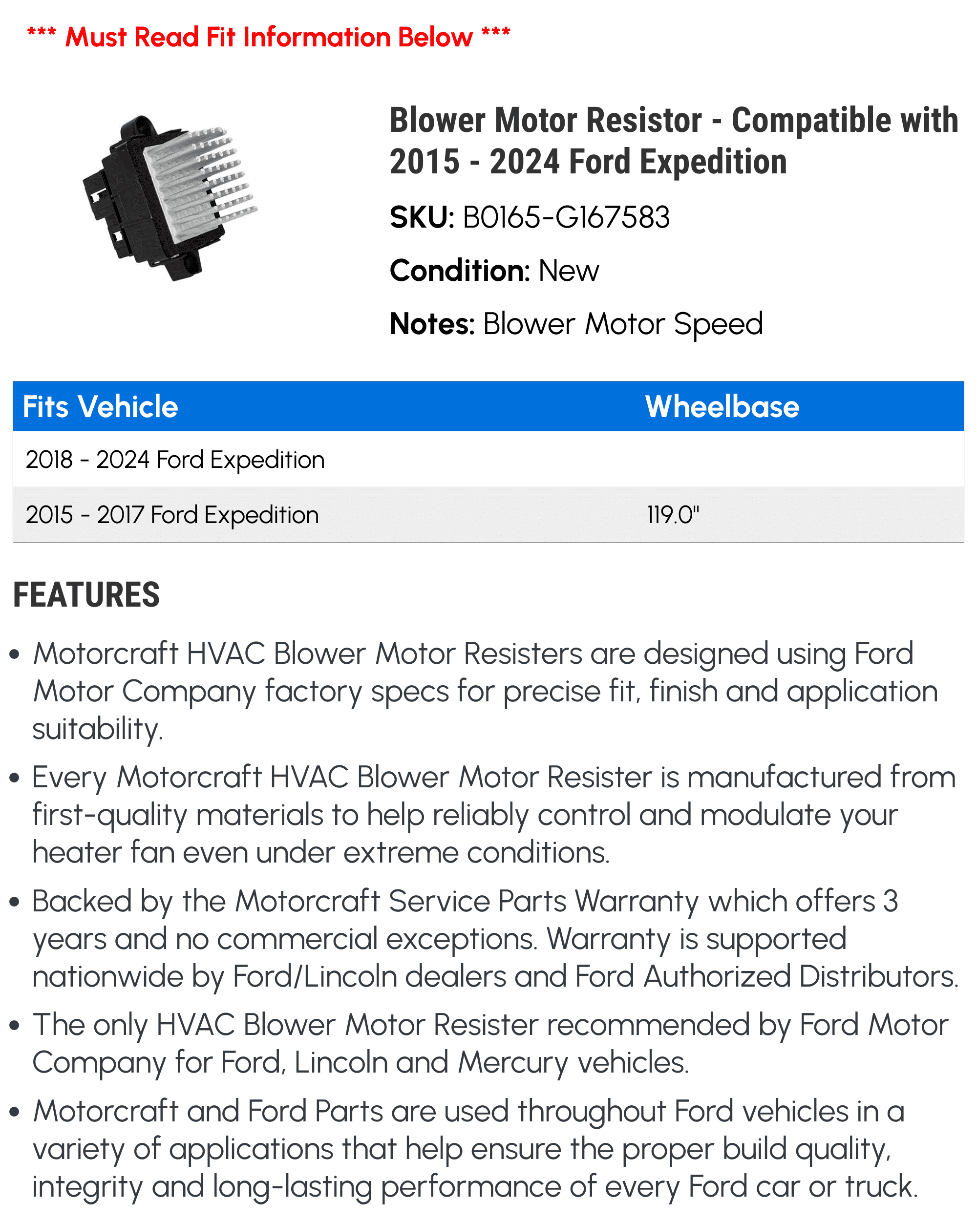 Blower Motor Resistor - Compatible with 2015 - 2024 Ford Expedition 2016 2017 2018 2019 2020 2021 2022 2023