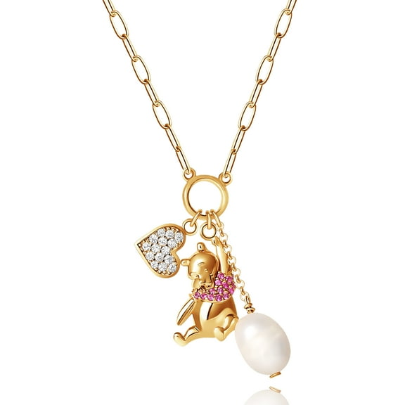 Disney Women's CZ Two Tone Sterling Silver Winnie The Pooh Pearl Pendant Necklace, 18"