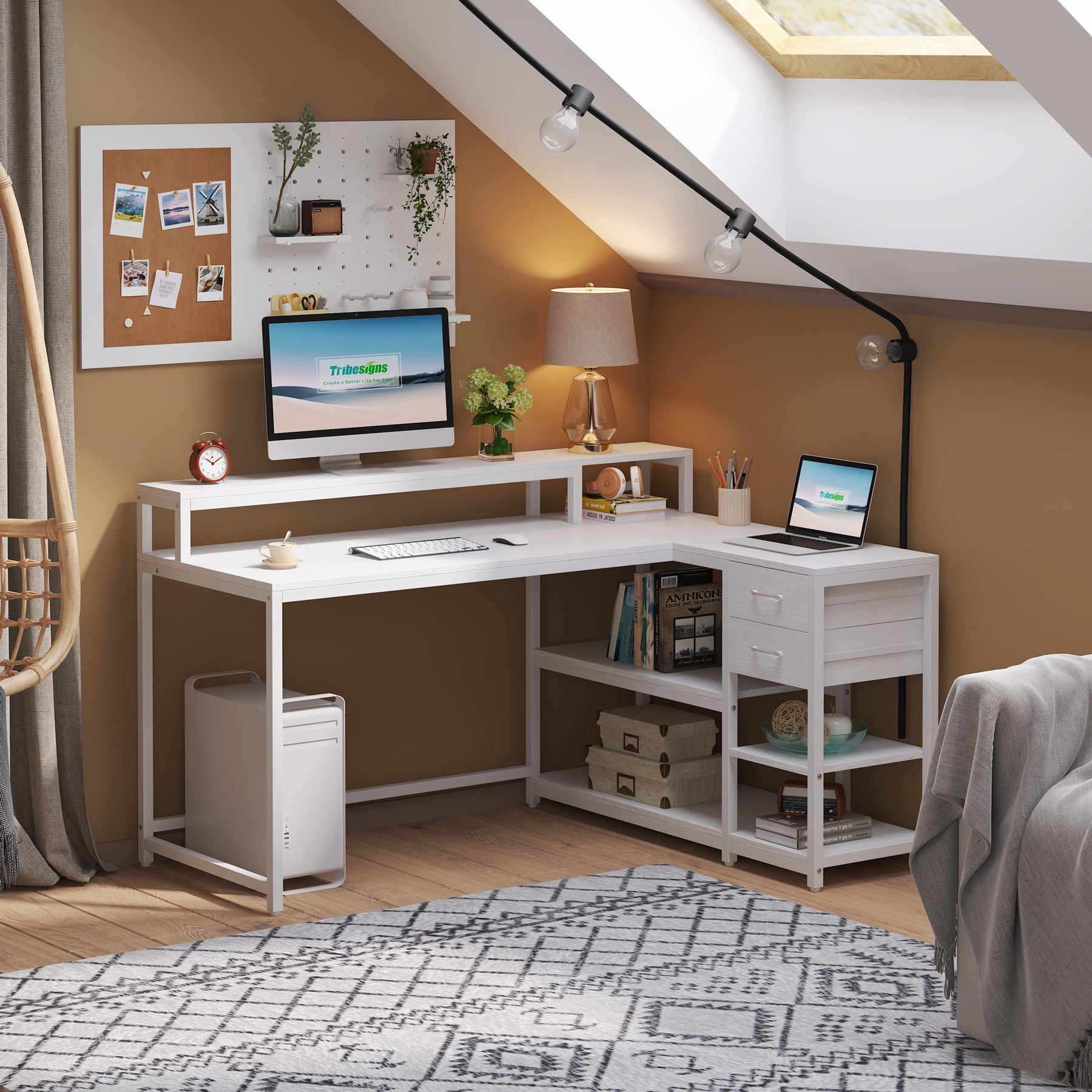 Tribesigns L Shaped Computer Desk with Drawer and storage shelf