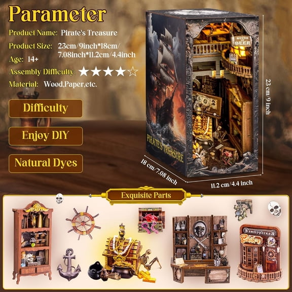 Book Nook Kits for Adults, 3D Pirate Ship Puzzle  Miniature House Kit for Bookshelf Insert Decor, Wooden Puzzles with LED Lights, Halloween/Christmas Gifts for Adults and Teens