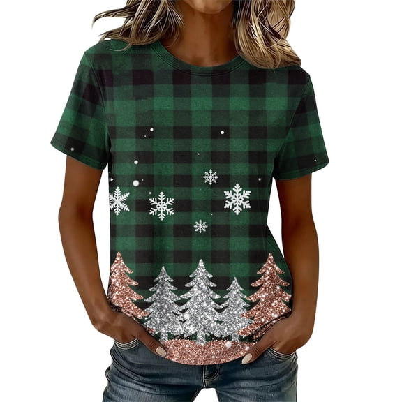 Yourumao Christmas Shirts for Women Short Sleeve Christmas Tree Tshirts Plaid Crew Neck Loose Casual Merry Xmas Tshirt