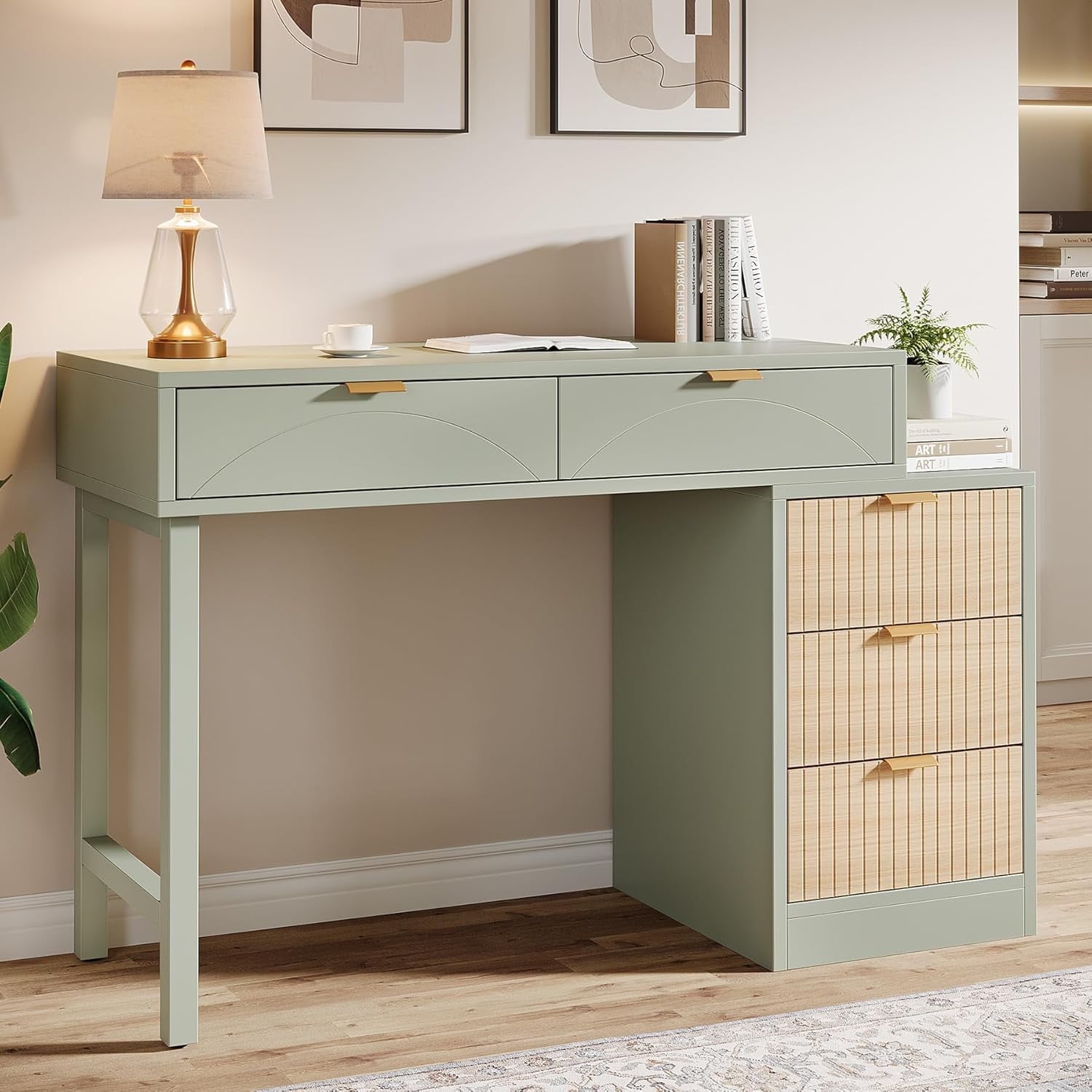Finmind 39" Reversible Computer Desk with 5 Drawers, Wood Writing Desk for Home Office, Green