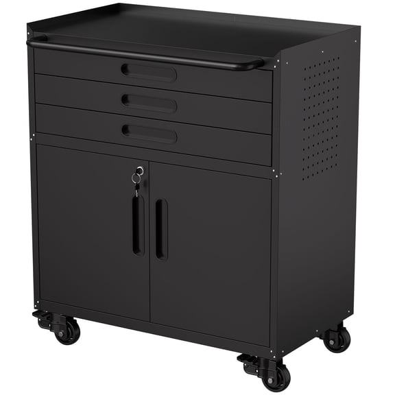 S-HOME Heavy Duty Mobile Black Metal Tool Cabinet With Lockable Doors And 3 Drawers For Garage And Workshop Storage Organizer