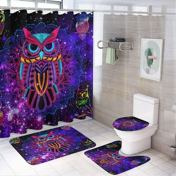 Woodland Owl 4 Pcs Waterproof Shower Curtain Set Abstract Watercolor Owl Butterfly Forest Night Design with Waterproof Toilet Cover Shower Mat Rugs,72" W x 72" L