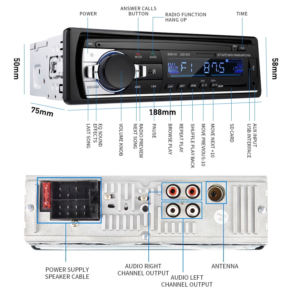Podofo Single Din Car Stereo 12V Bluetooth FM Radio Car Audio Player Digital Audio Music USB/SD/AUX