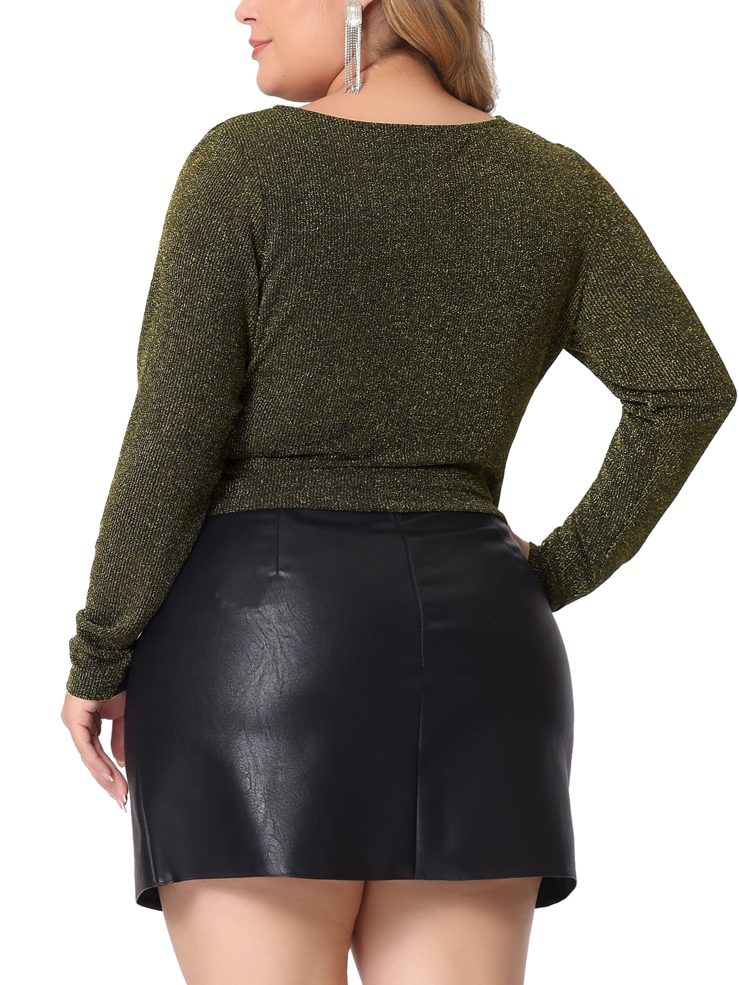 Unique Bargains Women Plus Size Top Metallic V Neck Long Sleeve Glitter Party Blouses Gold 3X