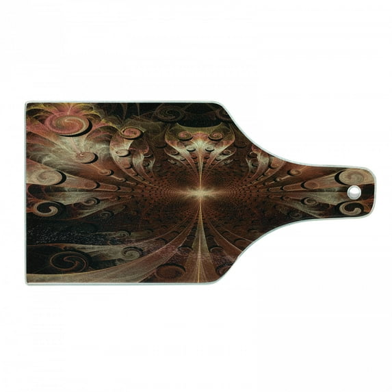 Fractal Cutting Board, Gothic Medieval Heraldic Ornamental Background Middle Age Knight Aged Art Print, Tempered Glass Cutting and Serving Board, Wine Bottle Shape, Multicolor, by Ambesonne