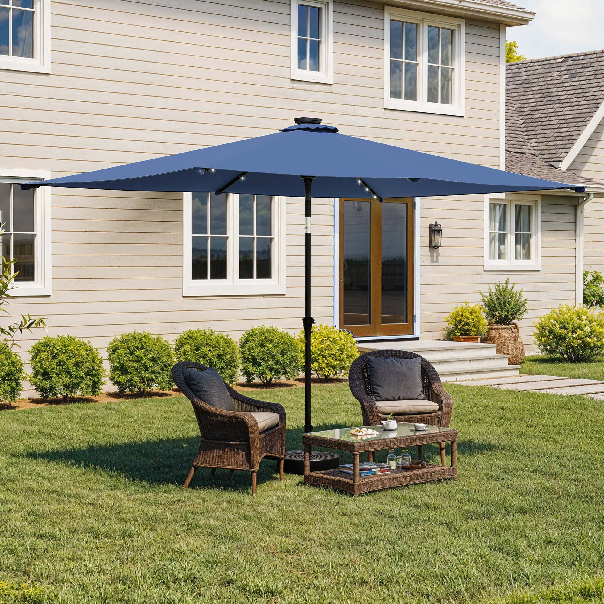 Uforic 6.5' x 10' Patio Umbrellas with 26 LED Lights, Outdoor Portable Shade Market Table Umbrella with Push Button Tilt & Adjust Crank, UV Resistant, Navy Blue