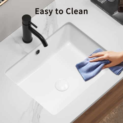 Rectangular Undermount Bathroom Sink, White Ceramic Lavatory Vanity Basin, With Overflow, High-Temp Fired, Cutting Template Included