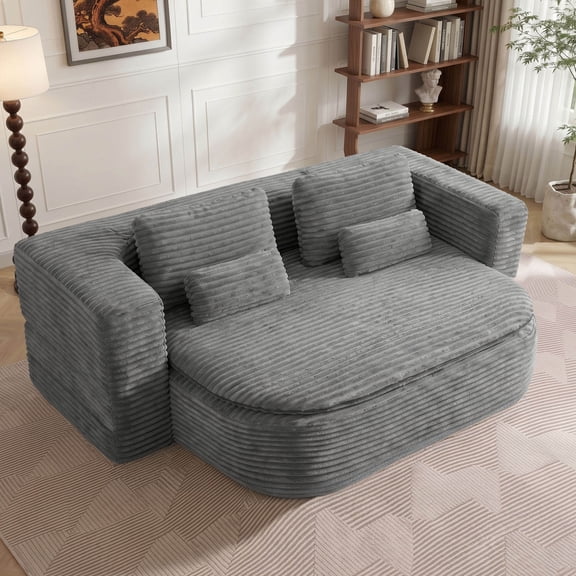 CAPCAEK 75" Convertible Sofa Bed, Corduroy Floor Couch with Blanket and 4 Pillows for Living Room, Gray