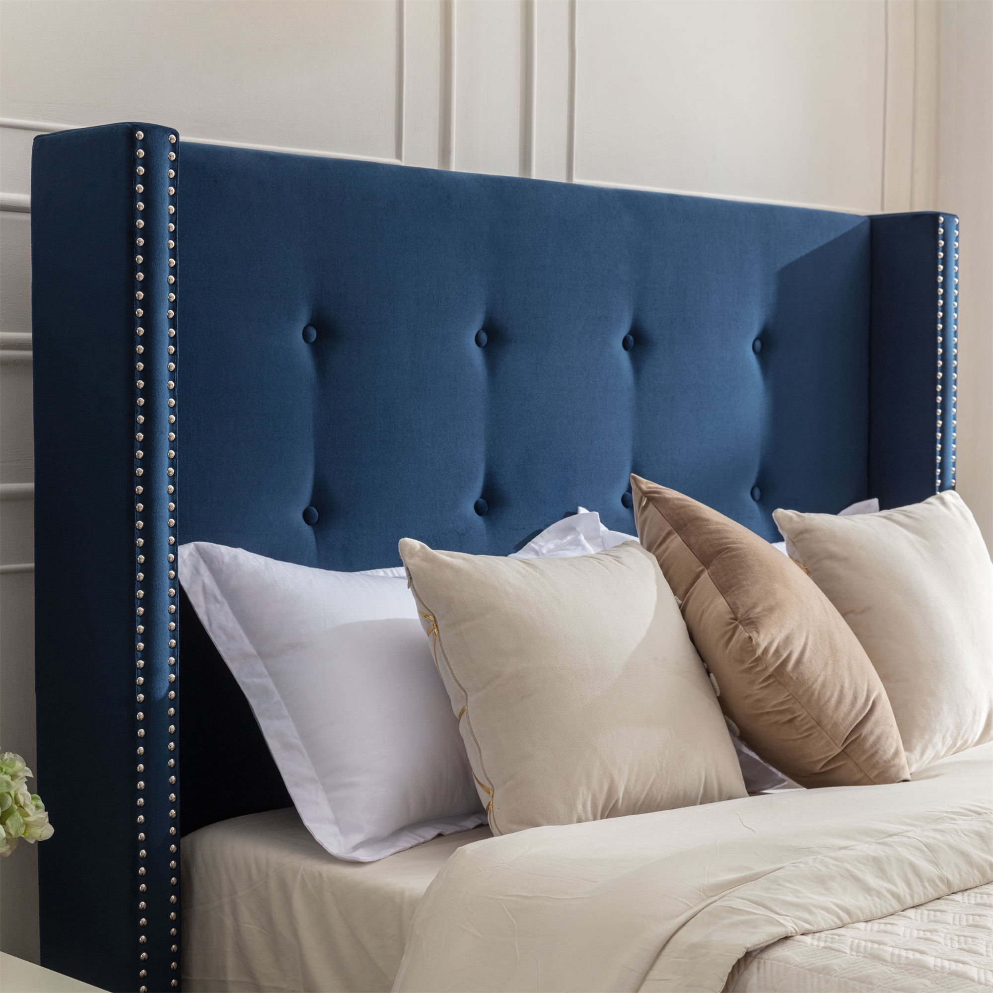 Miniyam King Size Platform Bed Frame with 54" High Wingback Headboard, Tufted & Nailhead Trim, Blue