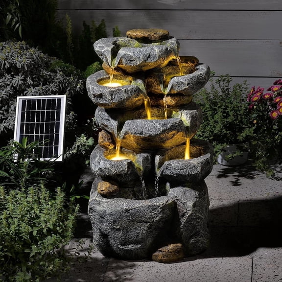5 Tiered Solar Powered Water Fountain, Solar Water Fountain Outdoor Garden Cascading Rock Water Fall Fountains Outside with Lights for Backyard, Patio, Deck, Porch, 24" H x 13.39" L x 9.6" W