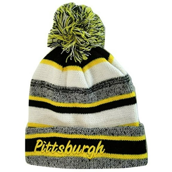 Pittsburgh 4-Color Embroidered Adult Size Thick Winter Knit Pom Beanie Hat (Gold Script)