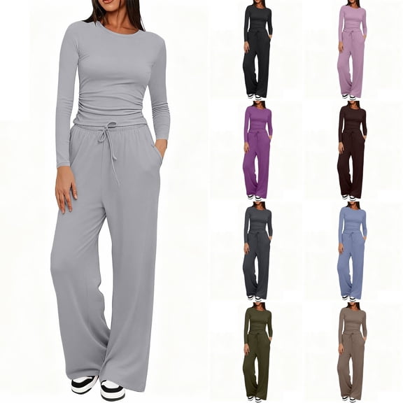 Chroia Women's 2 Piece Matching Set - Long Sleeve Top Wide Leg Pants Lounge Outfit
