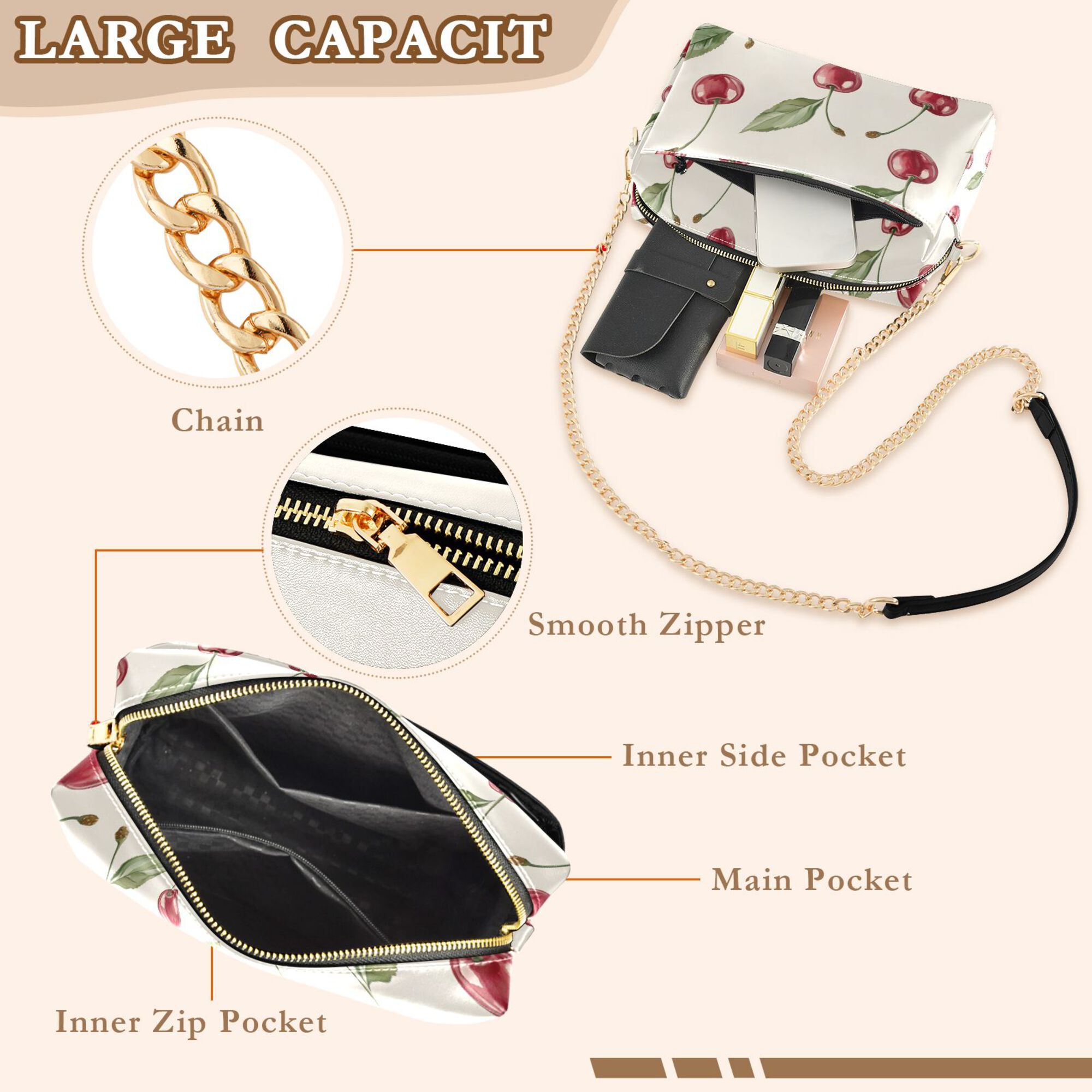FORMRS Women Crossbody Purse with Chain Strap Vegan Leather Shoulder Handbag, Beige Cherry