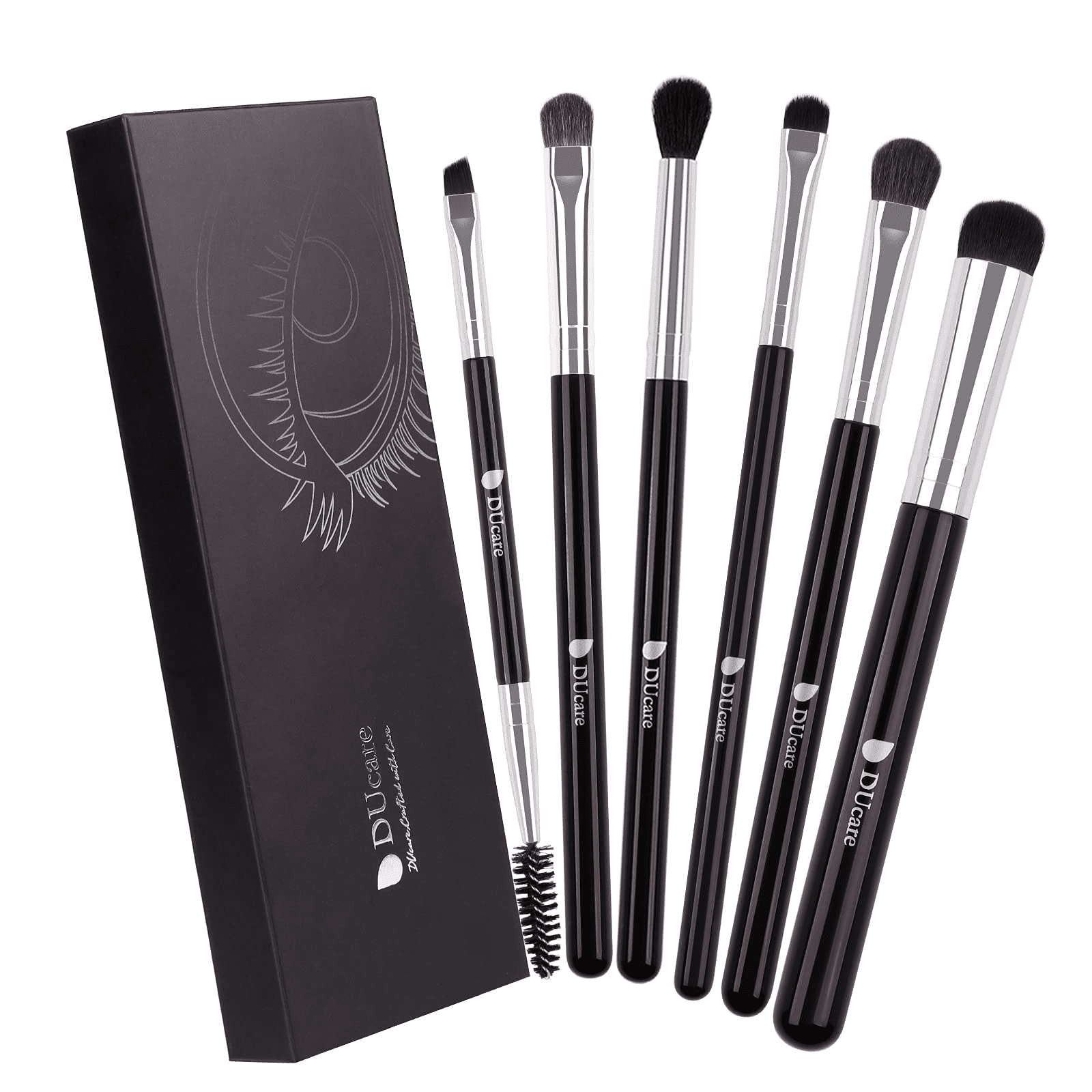 DUcare 6 Piece Angled Eyeshadow and Eyebrow Makeup Brush Set, Synthetic Hair, Black