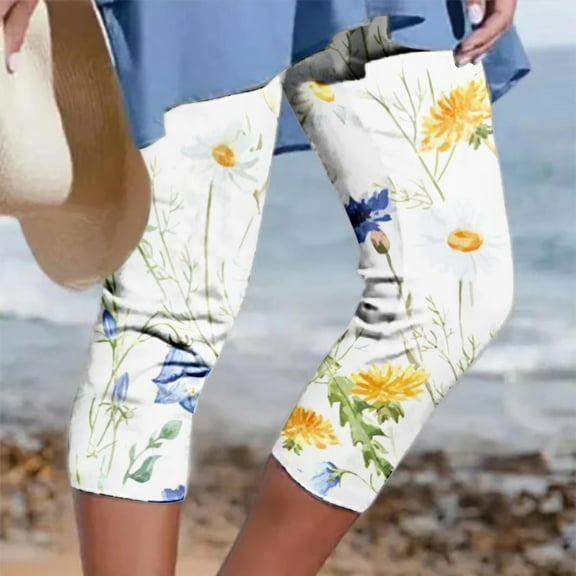 Wensltd High Waisted Capris for Women Summer Printed Yoga Running Trousers