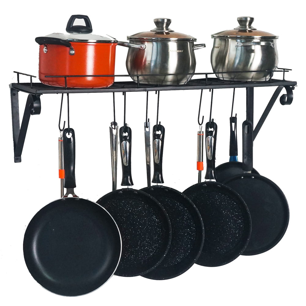 Wall Mounted Kitchen Rack with Shelf Pot Pan Storage Organiser 10 Hooks Black 