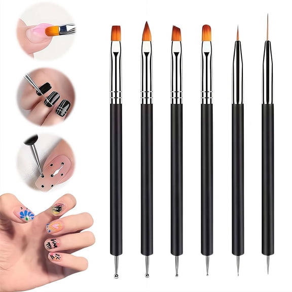 6 Pcs Double-Ended Nail Art Brush Kit for Gel Polish, Professional Nail Design Pen for Liner, Drawing, Dotting & Detailing, Salon & Home DIY Manicure Tools