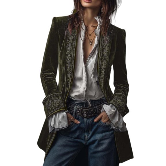 Women's Vintage Velvet Long Sleeve Cardigan - Casual Open Front Mid-Length Coat (Army Green, L)
