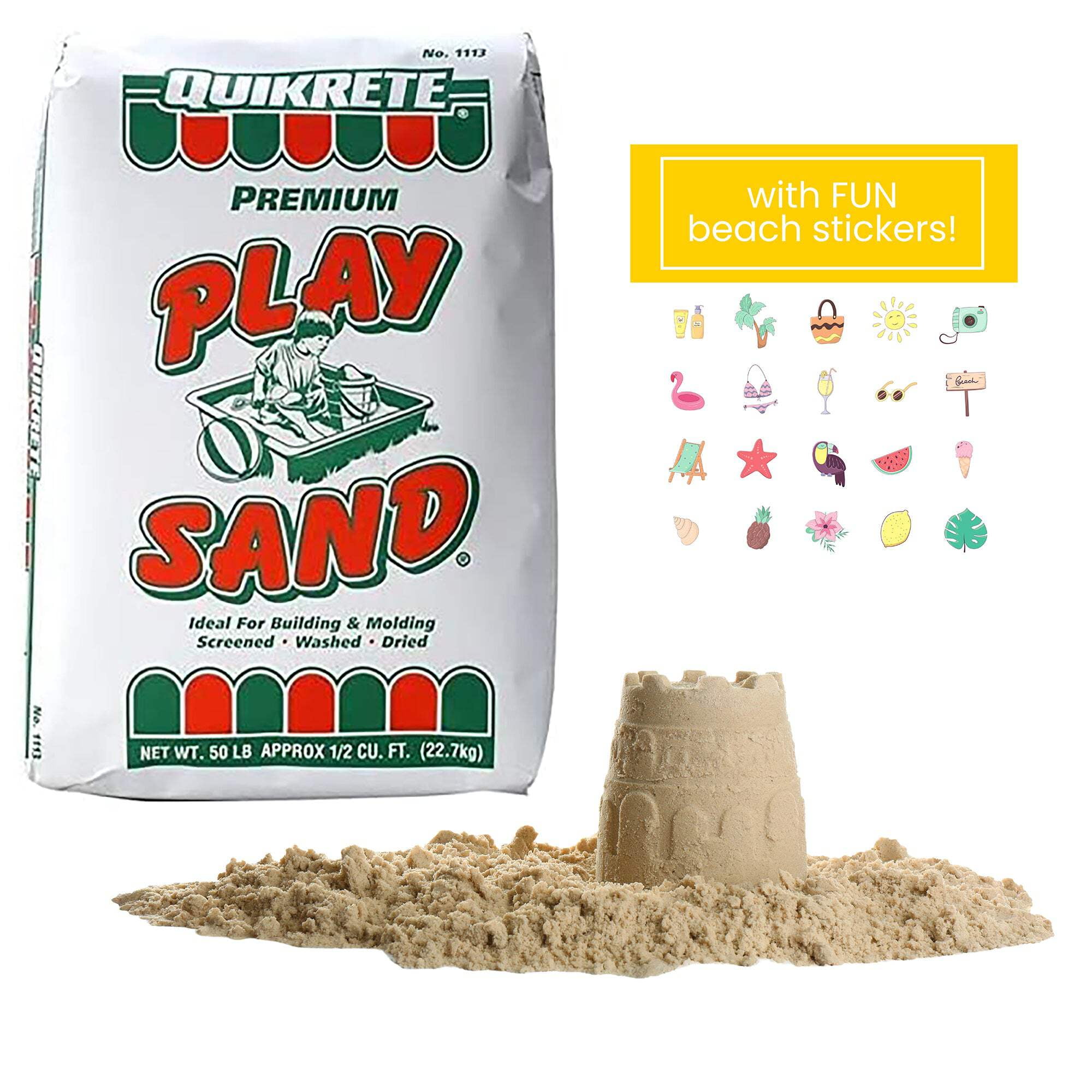 50 LB Premium Grade Quikrete Play Sand for Sandbox Craft Sand and General Kids Play Sand Usage. Included with a Sheet of Summer Stickers by Home and