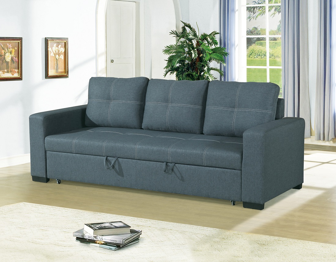 Convertible Sofa Bed Bobkona Living Room Sofa w Pull out Bed Accent Stitching Comfort Couch Blue Grey Polyfiber - image 2 of 5