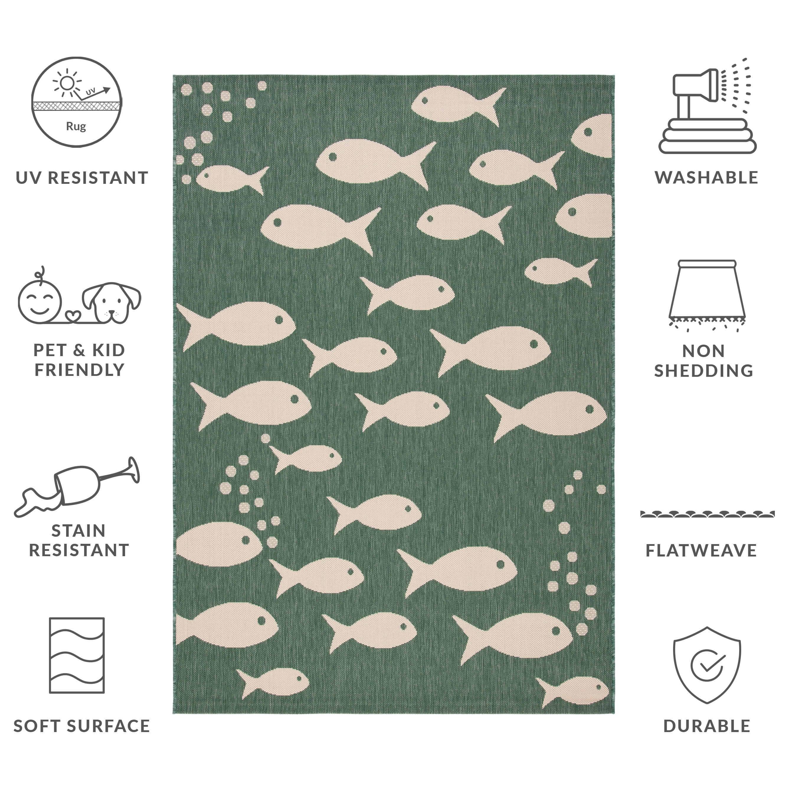SAFAVIEH Courtyard Trena Fishes Indoor/Outdoor Area Rug, Dark Green/Ivory, 6'7" x 6'7" Square