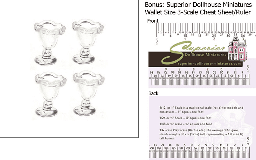 Dollhouse Miniature Dessert Dishes Set 4 w 3-Scale Wallet Ruler by